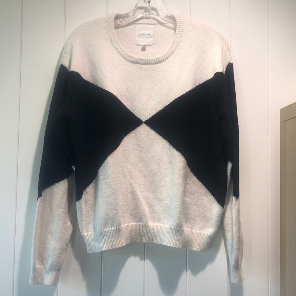 Avec Les Filles black and white block sweater harlequin cotton and wool L